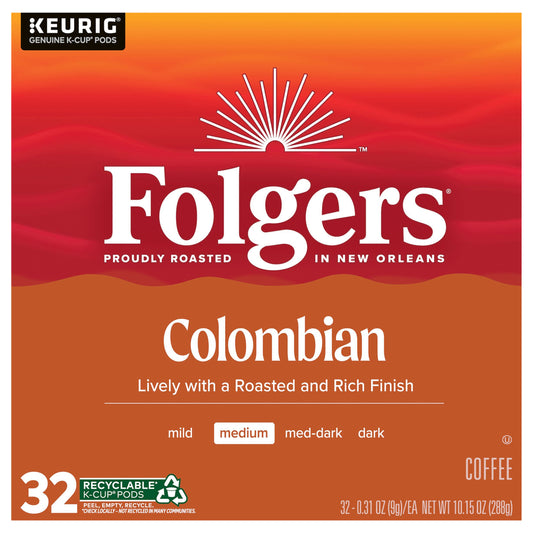 Folgers Colombian Coffee, Medium Roast, Keurig K-Cup Pods, 32 Count Box