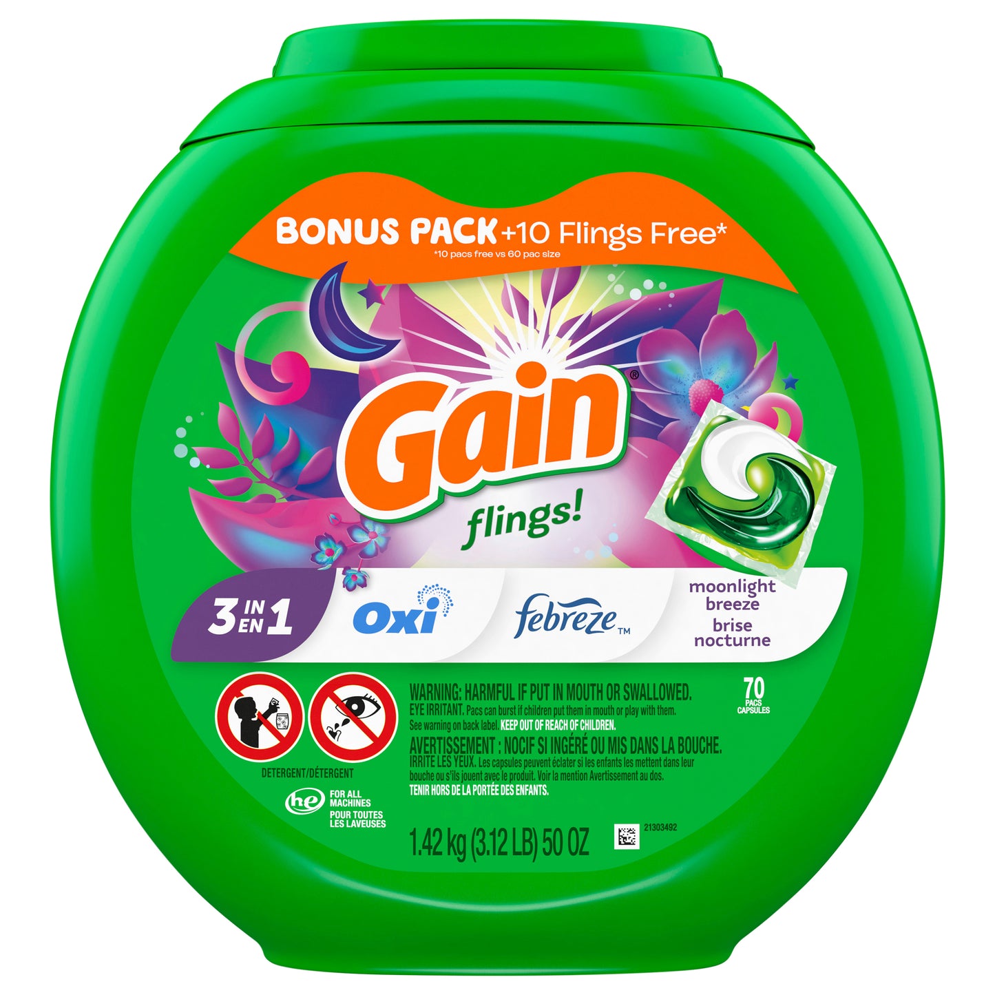 Gain Flings Laundry Detergent Pacs, 70 Count, Moonlight Breeze Scent, 3 in 1 HE Detergent Pacs with Oxi Boost and Febreeze