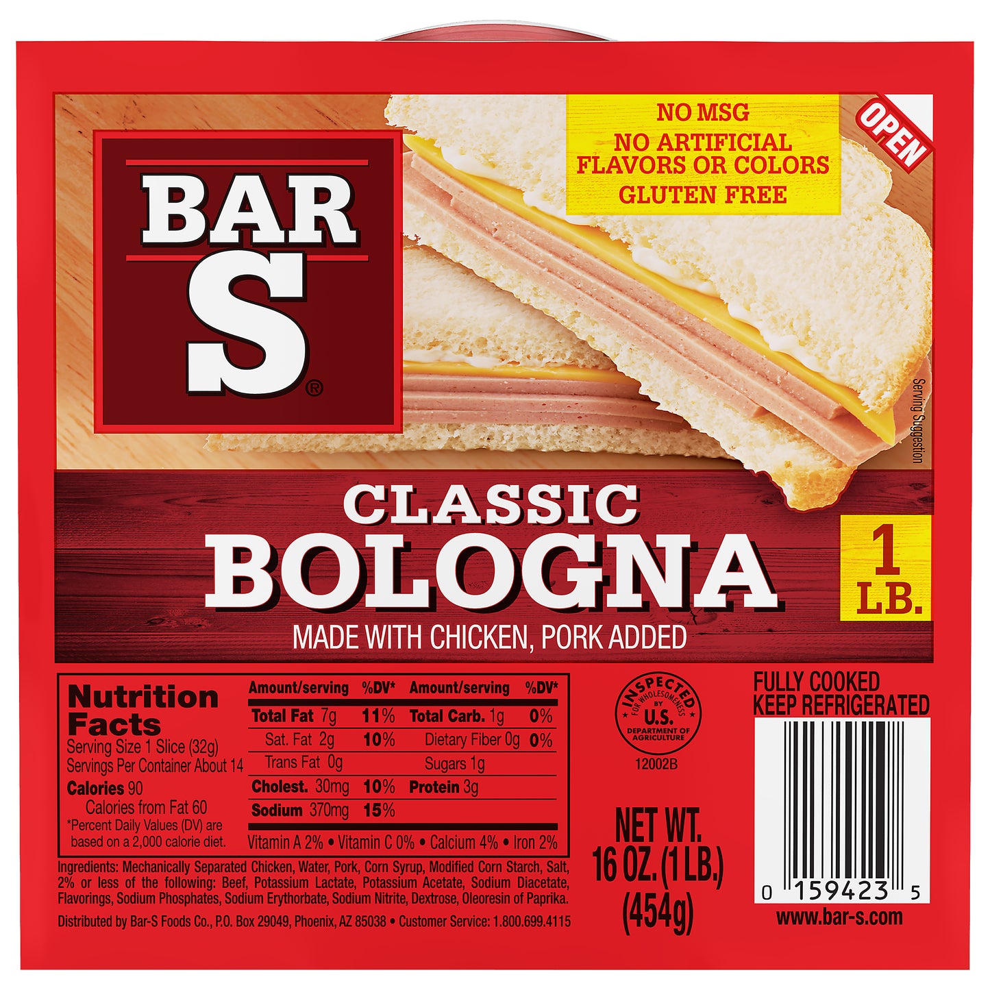 Bar-S Classic Bologna Sliced Deli-Style Lunch Meat, 14 Slices Per Package, 1 Pound Pack