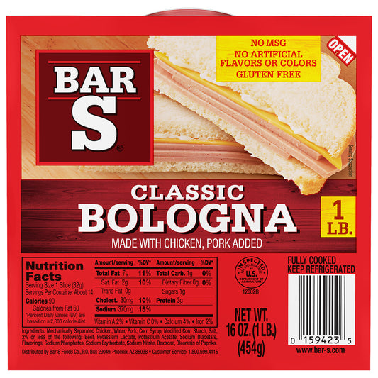 Bar-S Classic Bologna Sliced Deli-Style Lunch Meat, 14 Slices Per Package, 1 Pound Pack