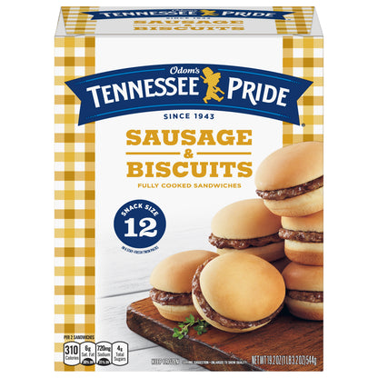 Odom's Tennessee Pride Sausage & Biscuits, Snack Size Frozen Breakfast Sandwiches, 12 Count