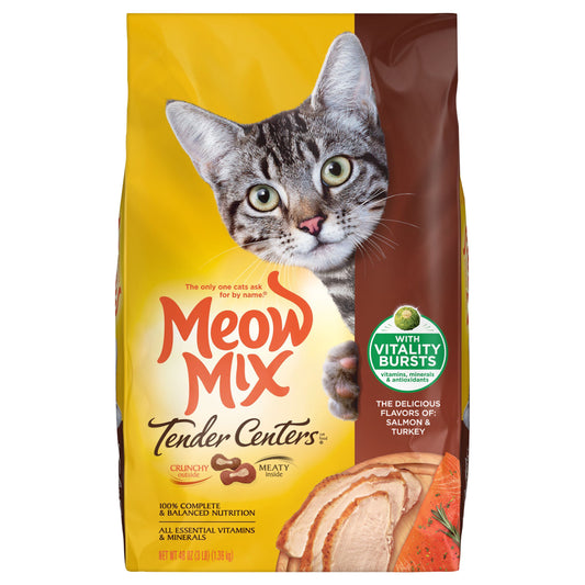 Meow Mix Tender Centers Salmon & Turkey Flavors with Vitality Bursts Dry Cat Food, 3-Pound