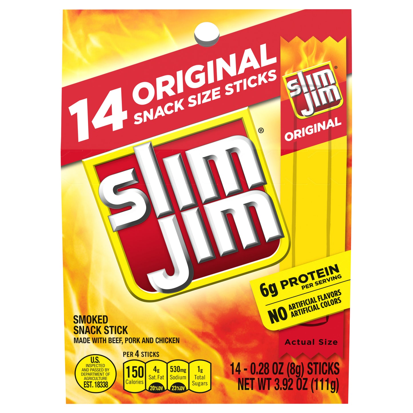 Slim Jim Original Smoked Snack Sized Sticks, 0.28 oz. Meat Sticks, 14-Count Box