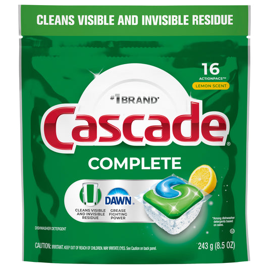 Cascade Complete Dishwasher Pods, Dishwasher Detergent, Dish Detergent Soap, Lemon, 16 count