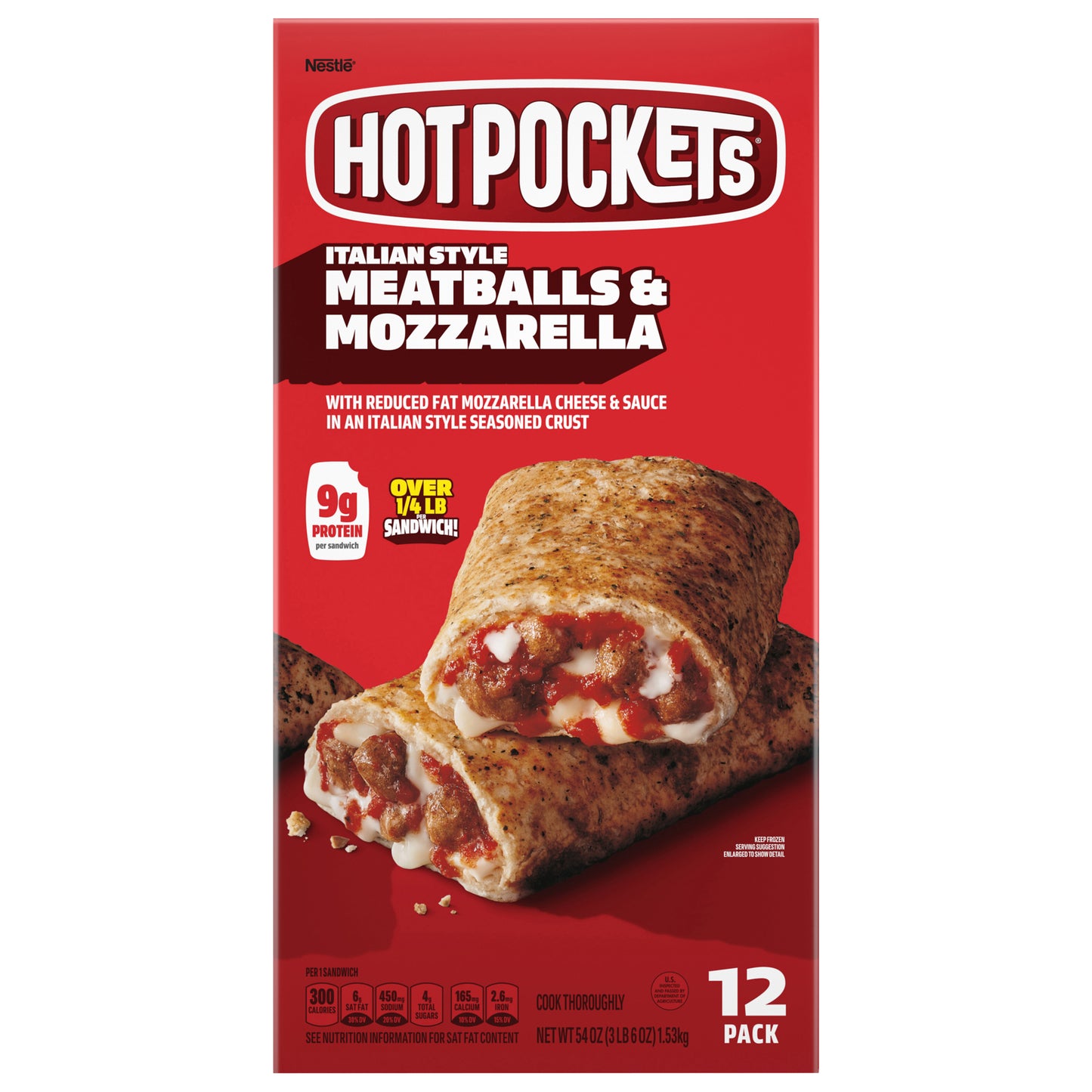 Hot Pockets Italian Style Meatballs and Mozzarella Frozen Snacks, Pizza Snacks Made with Reduced Fat Mozzarella Cheese, 12 Count Frozen Sandwiches 54 oz.