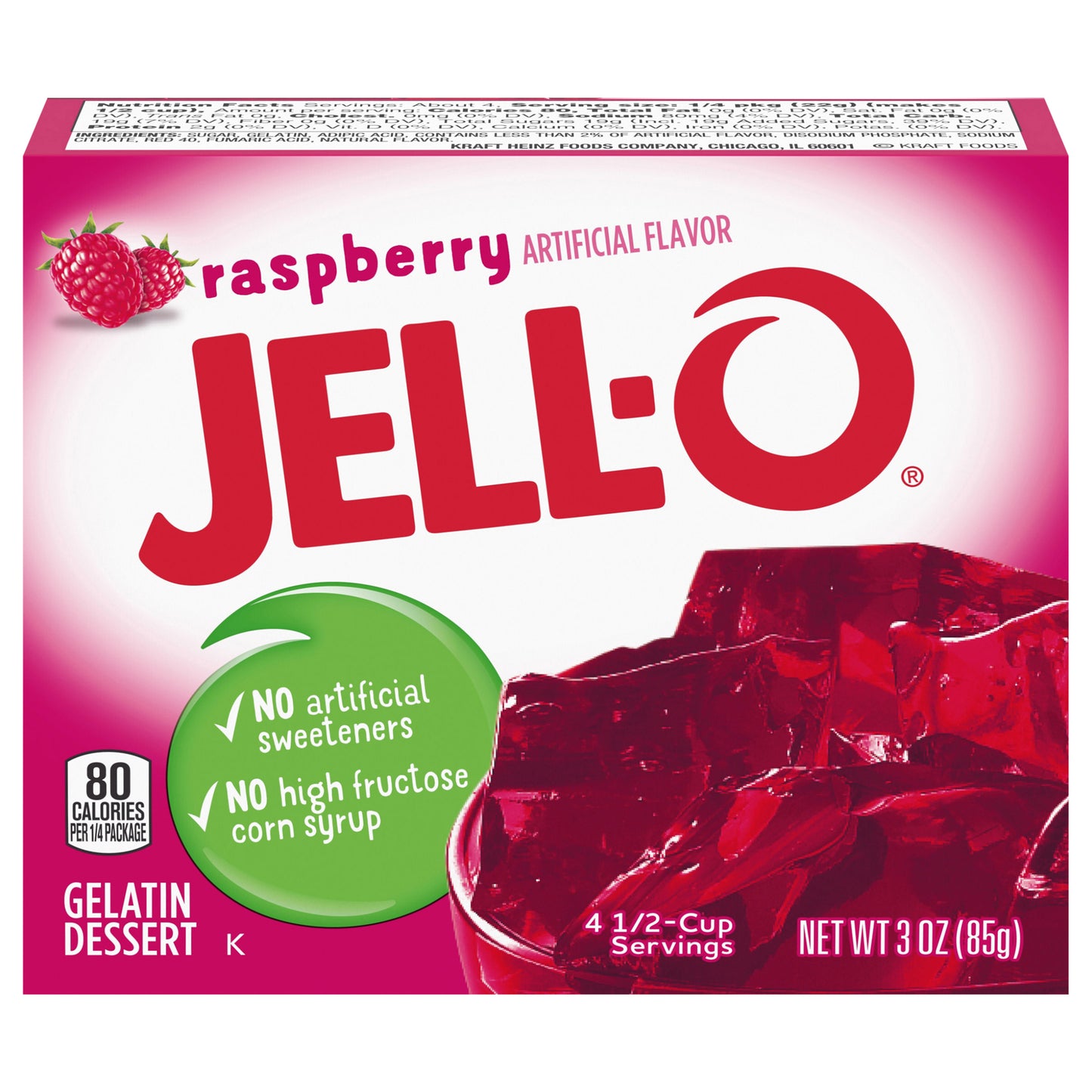 Jell-O Raspberry Artificially Flavored Gelatin Dessert Mix, 3 oz Box