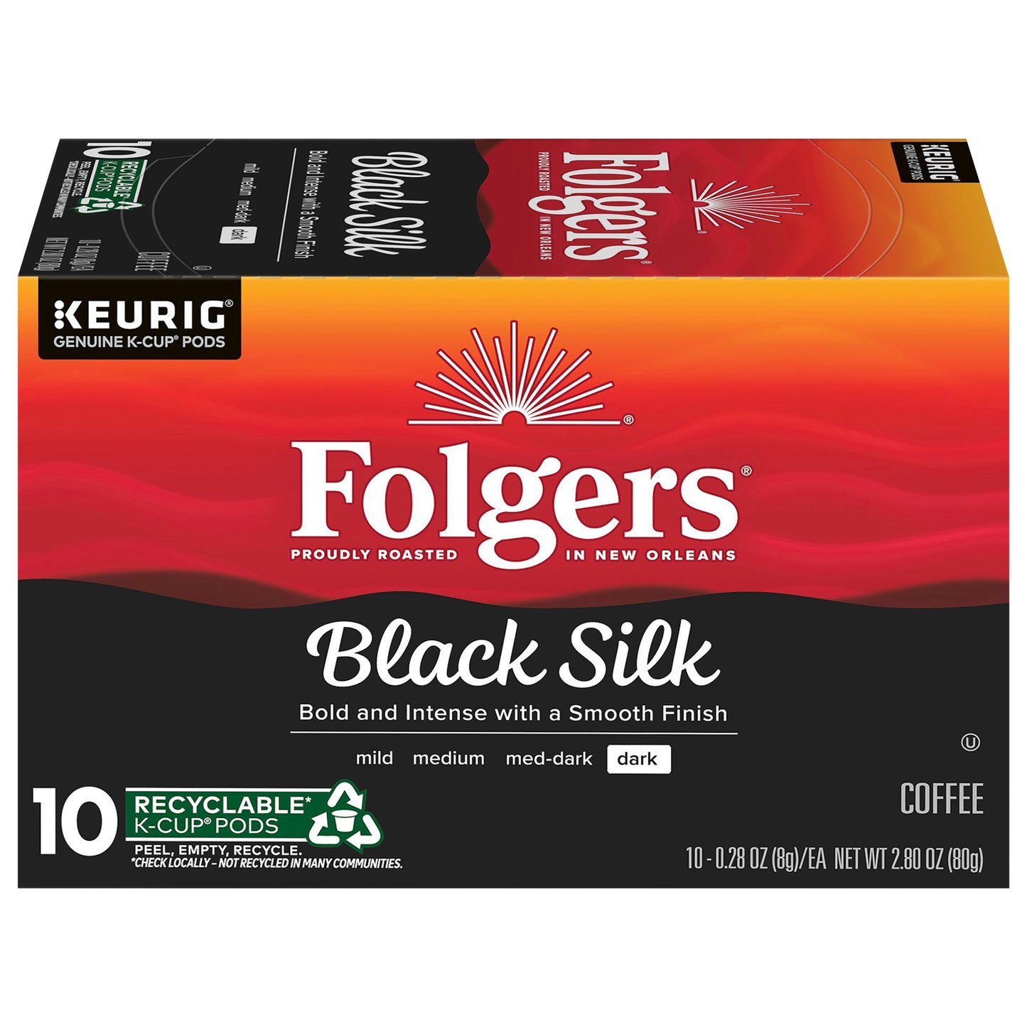 Folgers Black Silk Coffee, Dark Roast, Keurig K-Cup Pods, 10 Count Box