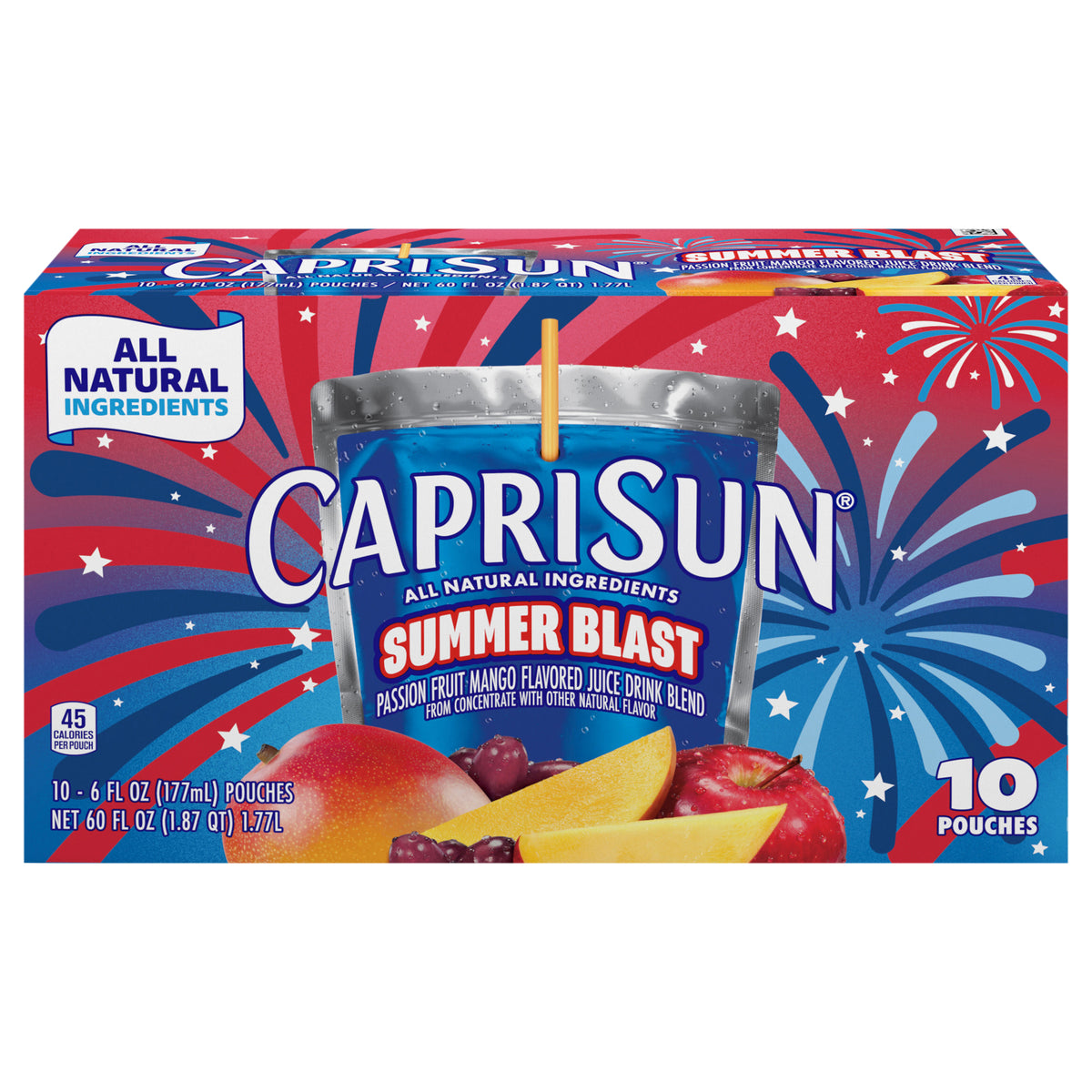 Capri Sun Summer Blast Passion Fruit Mango flavored Juice Drink Blend, from concentrate with other natural flavor, 10 ct Box, 6 fl oz Pouches