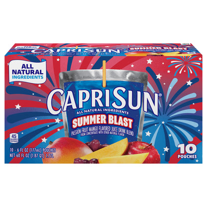Capri Sun Summer Blast Passion Fruit Mango flavored Juice Drink Blend, from concentrate with other natural flavor, 10 ct Box, 6 fl oz Pouches