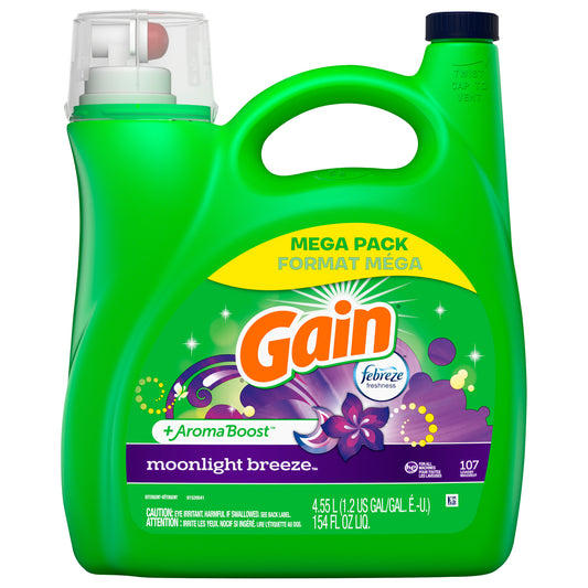 Gain + Aroma Boost Liquid Laundry Detergent, Moonlight Breeze Scent, 107 Loads, 154 fl oz, HE Compatible