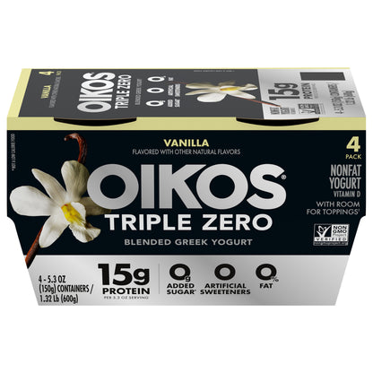 Oikos Triple Zero Vanilla 15g Protein, 0g Added Sugar, Nonfat Greek Yogurt Pack, 4 Ct, 5.3 OZ Cups