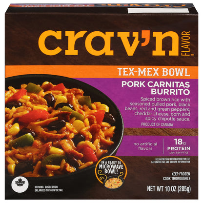 Crav'n Flavor Pork Carnitas Burrito Tex-Mex Bowl 10 oz
