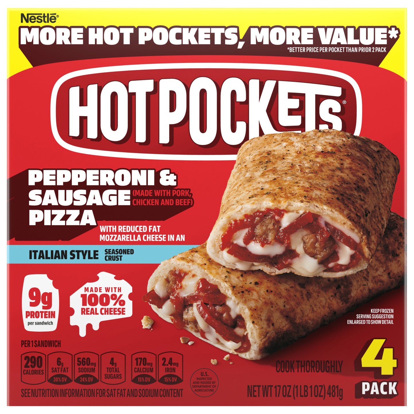Hot Pockets Pepperoni and Sausage Pizza, Frozen Snacks, Air Fryer Snacks, 9g Protein, 4PK