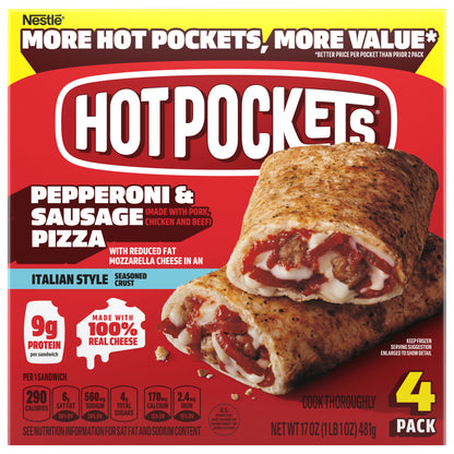 Hot Pockets Pepperoni and Sausage Pizza, Frozen Snacks, Air Fryer Snacks, 9g Protein, 4PK