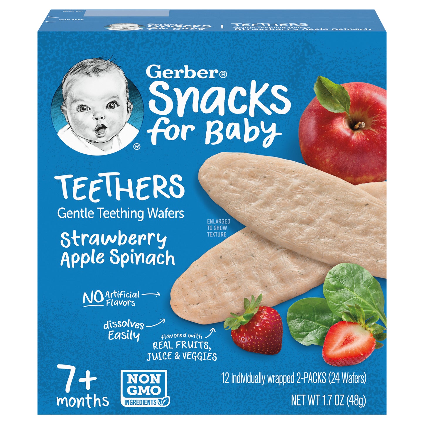 Gerber Snacks for Baby Teethers Gentle Strawberry Apple Spinach Teething Wafers 24 ea Snacks Carton