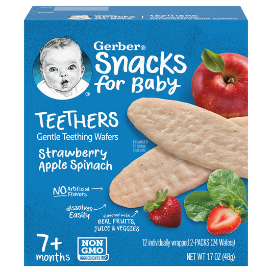 Gerber Snacks for Baby Teethers Gentle Strawberry Apple Spinach Teething Wafers 24 ea Snacks Carton