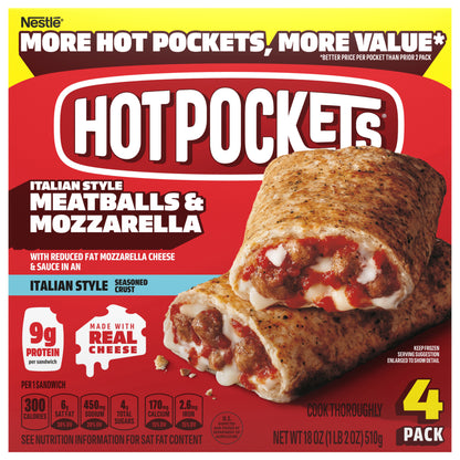 Hot Pockets Meatballs and Mozzarella, Frozen Snacks, Air Fryer Snacks, 9g Protein, 4PK