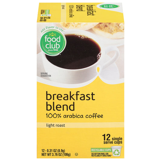 Food Club Single Serve Cups Light Roast 100% Arabica Breakfast Blend Coffee 12 ea