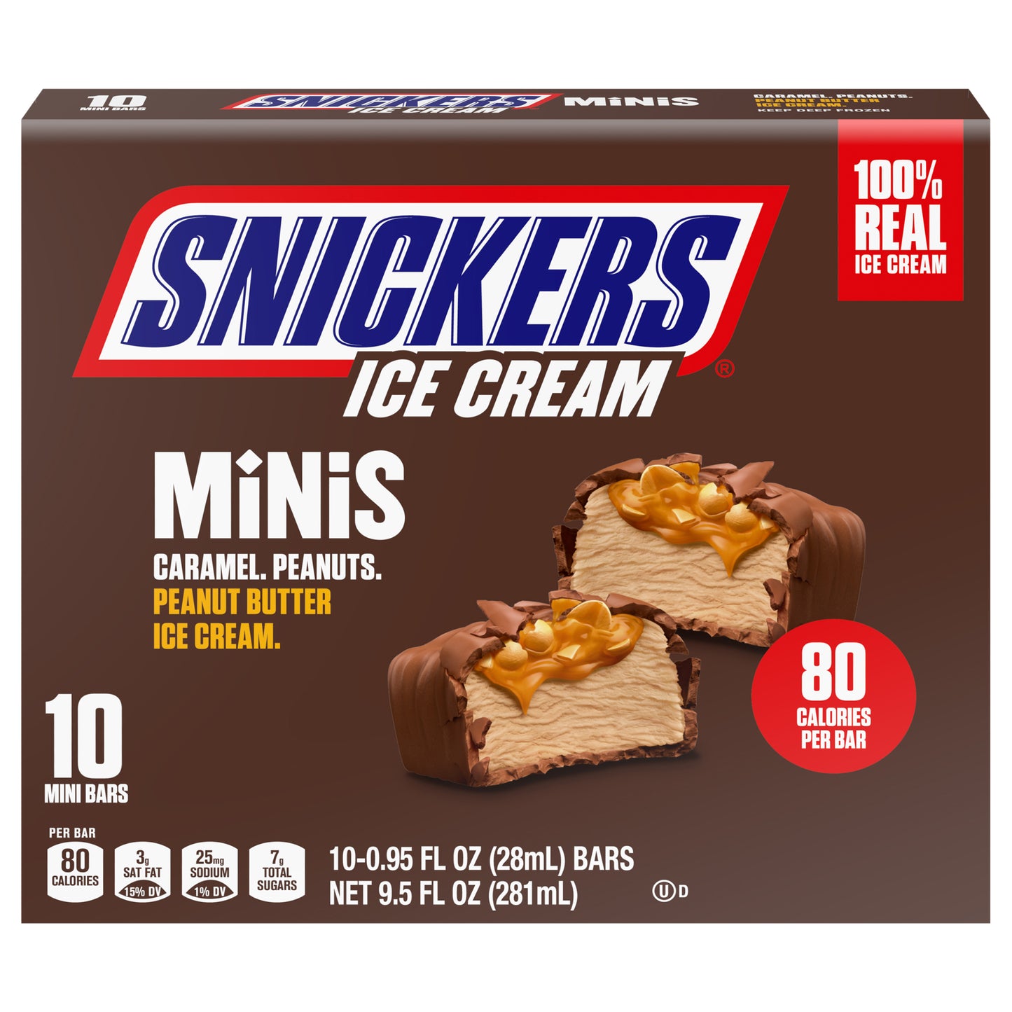 SNICKERS Ice Cream Minis, Milk Chocolatey Caramel Peanut Butter Ice Cream Bars, 10 Pack, 9.5 Oz