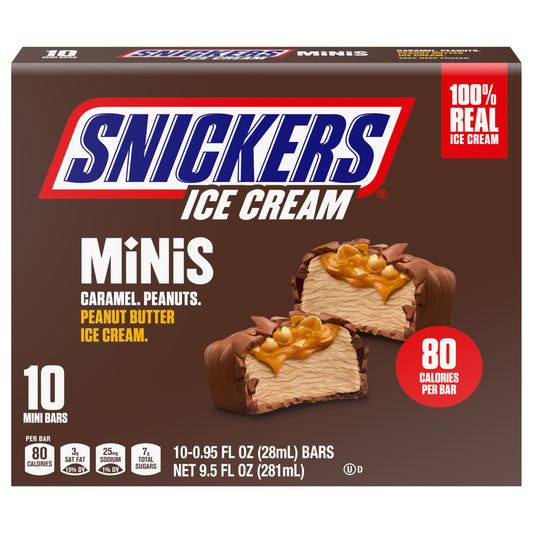 SNICKERS Ice Cream Minis, Milk Chocolatey Caramel Peanut Butter Ice Cream Bars, 10 Pack, 9.5 Oz