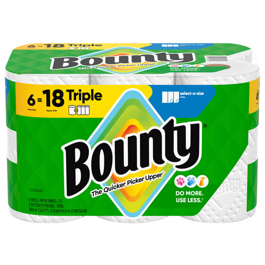 Bounty Paper Towels Select-A-Size White, 6 Triple Rolls, 123 Sheets Per Roll