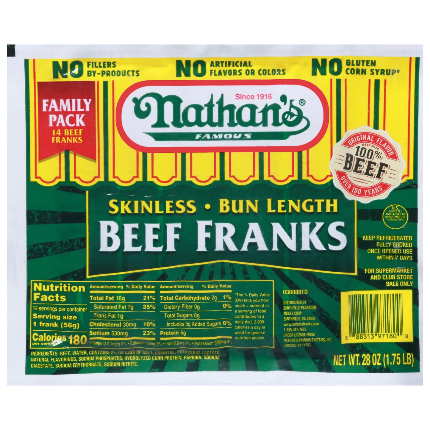 Nathan's Famous Bun Length Skinless Beef Franks Family Pack 14 ea