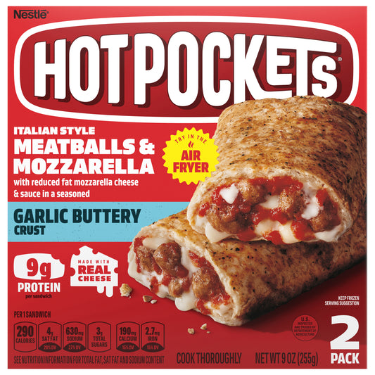 Hot Pockets Italian Style Meatballs and Mozzarella Frozen Snacks, Pizza Snacks Made with Reduced Fat Mozzarella Cheese, 2 Count Frozen Sandwiches 9 oz.