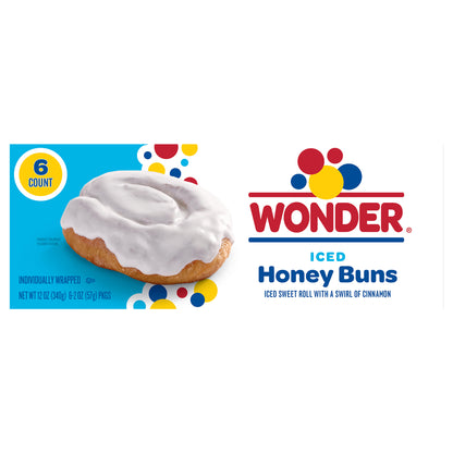 Wonder Iced Honey Buns, Individually Wrapped Iced Pastry Snacks, 12 oz, 6 Count