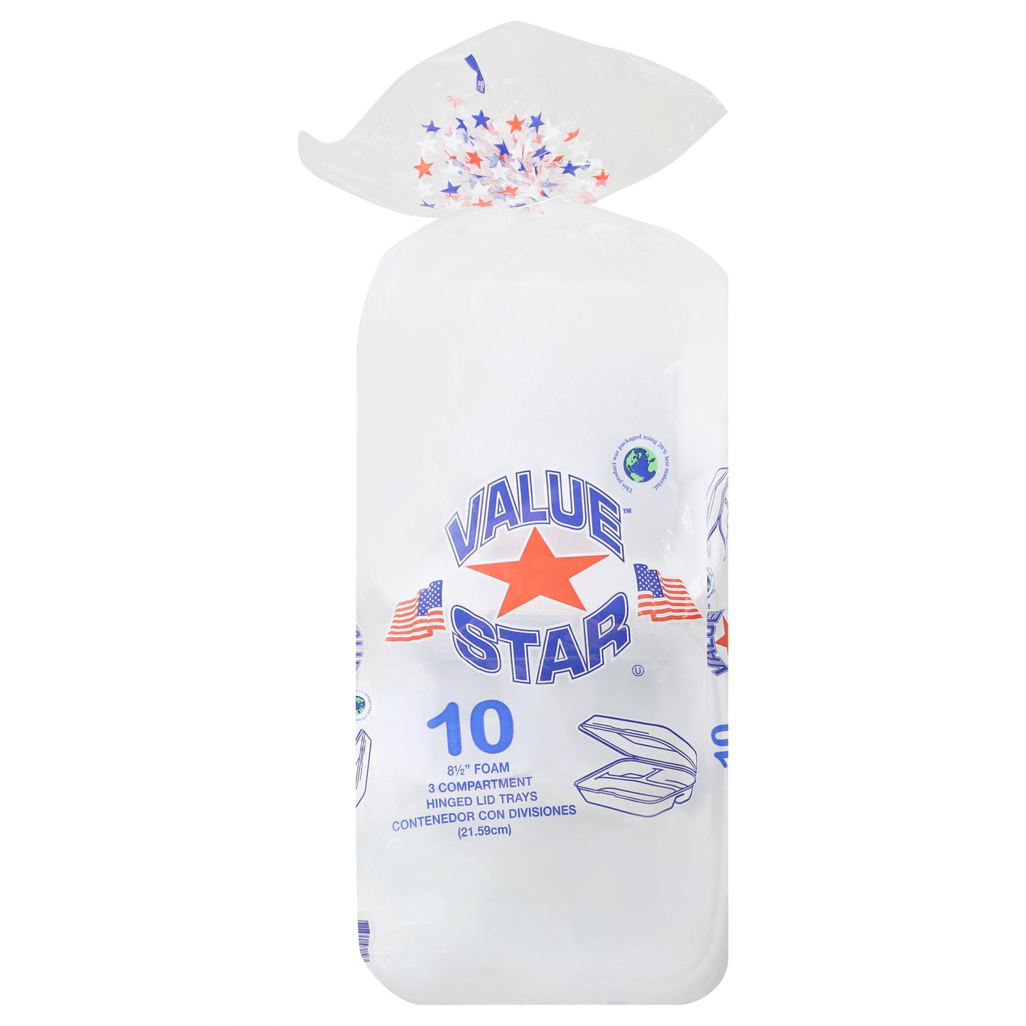 Value Star 8-1/2 Inch Foam 3 Compartment Hinged Lid Trays 10 ea