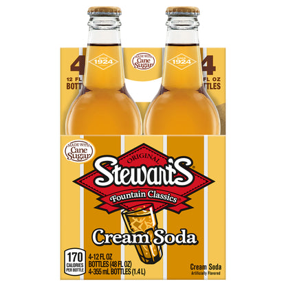 Stewart's Cream Soda Made with Sugar, 12 fl oz glass bottles, 4 pack