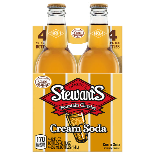 Stewart's Cream Soda Made with Sugar, 12 fl oz glass bottles, 4 pack