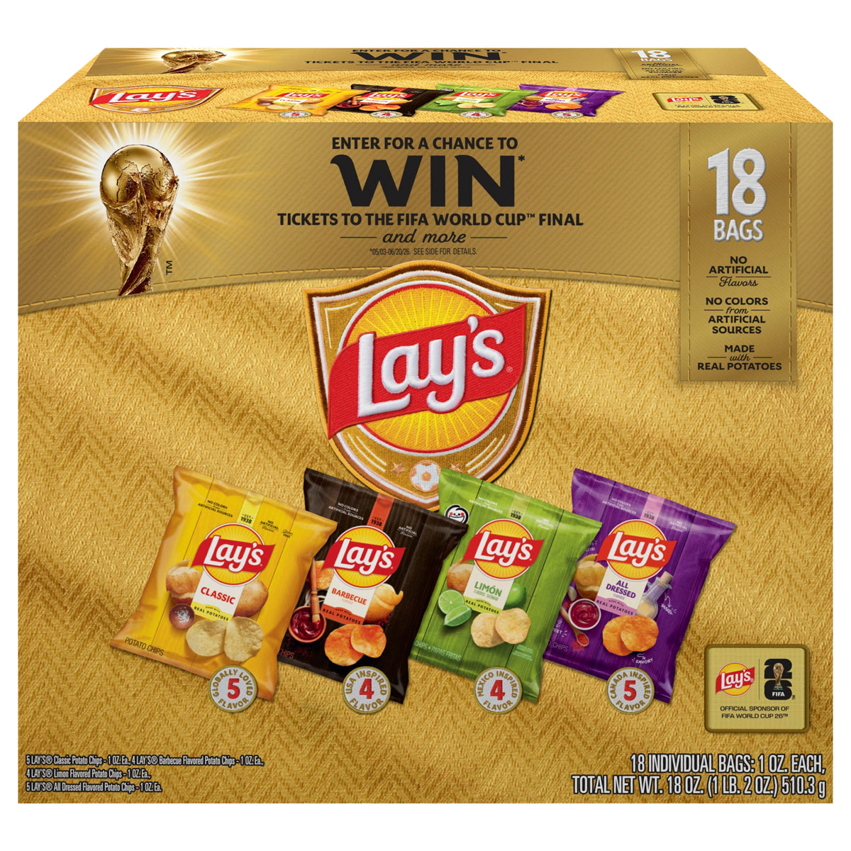 Lay's Potato Chips FIFA Variety Pack Mix 18.0 Oz X 18 Count
