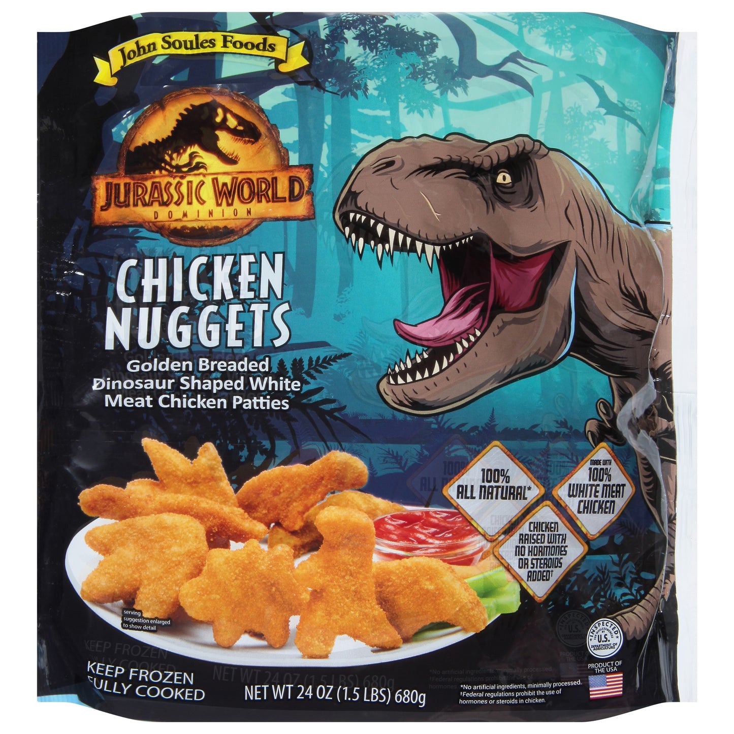John Soules Foods Chicken Nuggets 24 oz - CHICKEN NUGGETS Golden Breaded Dinosaur Shaped White Meat Chicken Patties