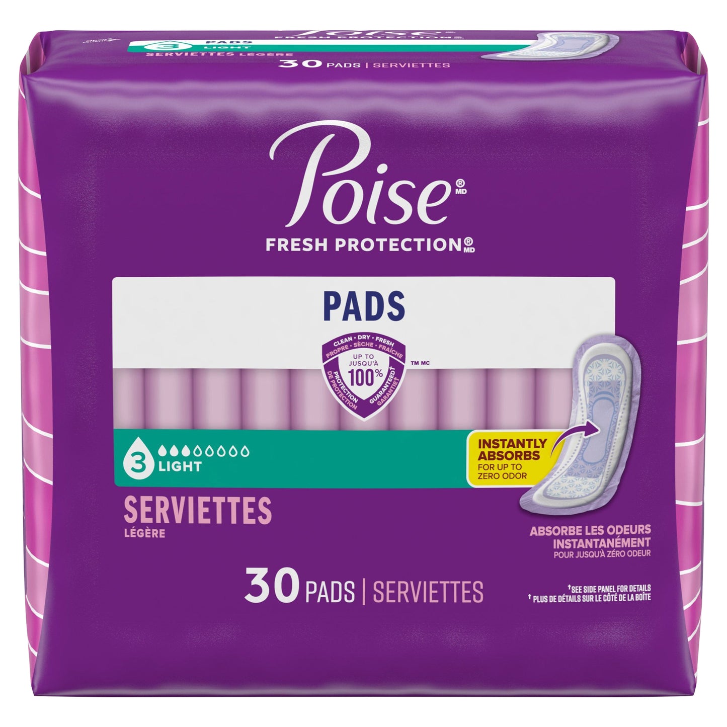 Poise Incontinence & Postpartum Pads for Bladder Leaks, 3 Drop Light Absorbency, Regular Length, 54 Count