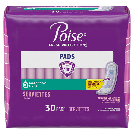 Poise Incontinence & Postpartum Pads for Bladder Leaks, 3 Drop Light Absorbency, Regular Length, 54 Count