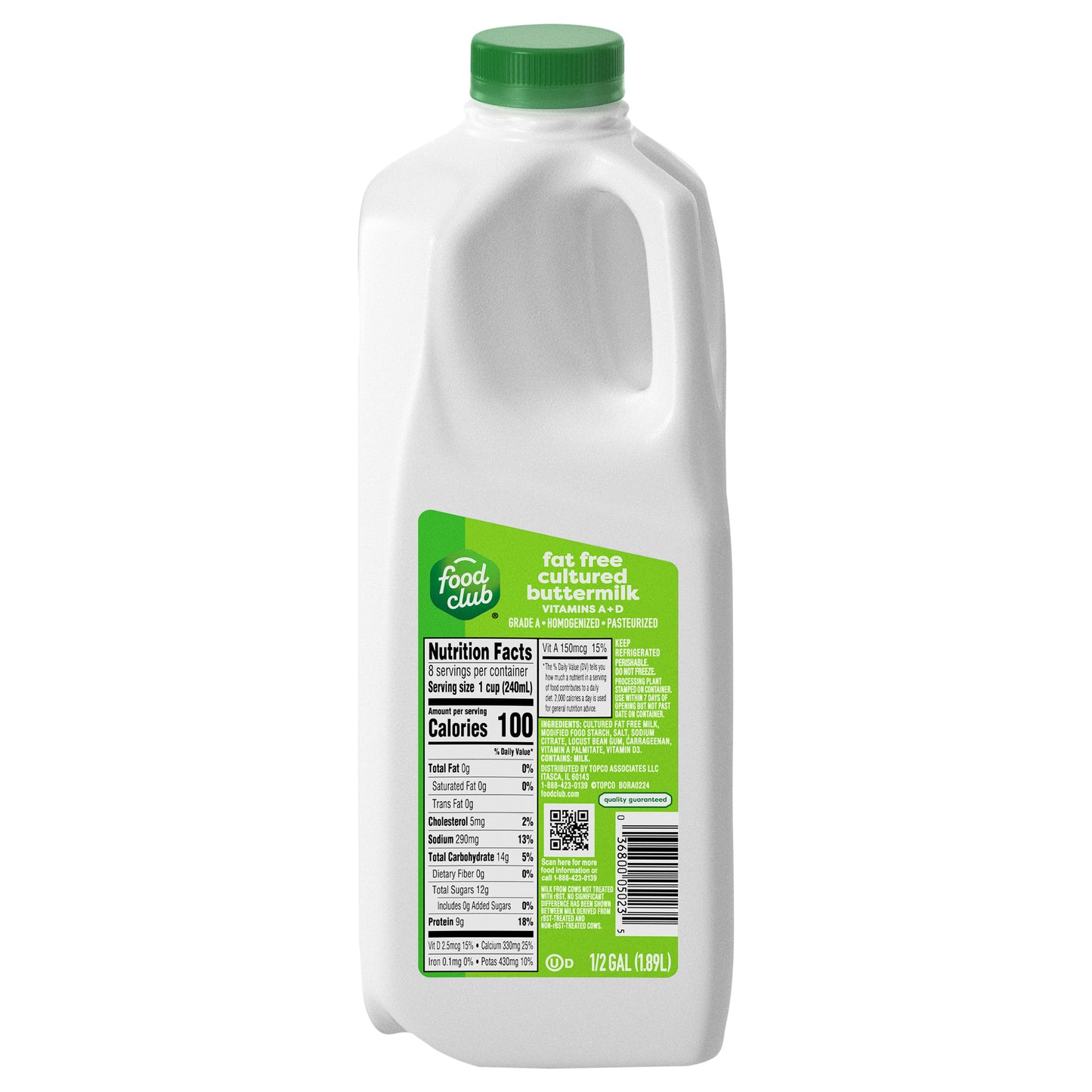 Food Club Cultured Fat Free Vitamin A+D Buttermilk 0.5 gal