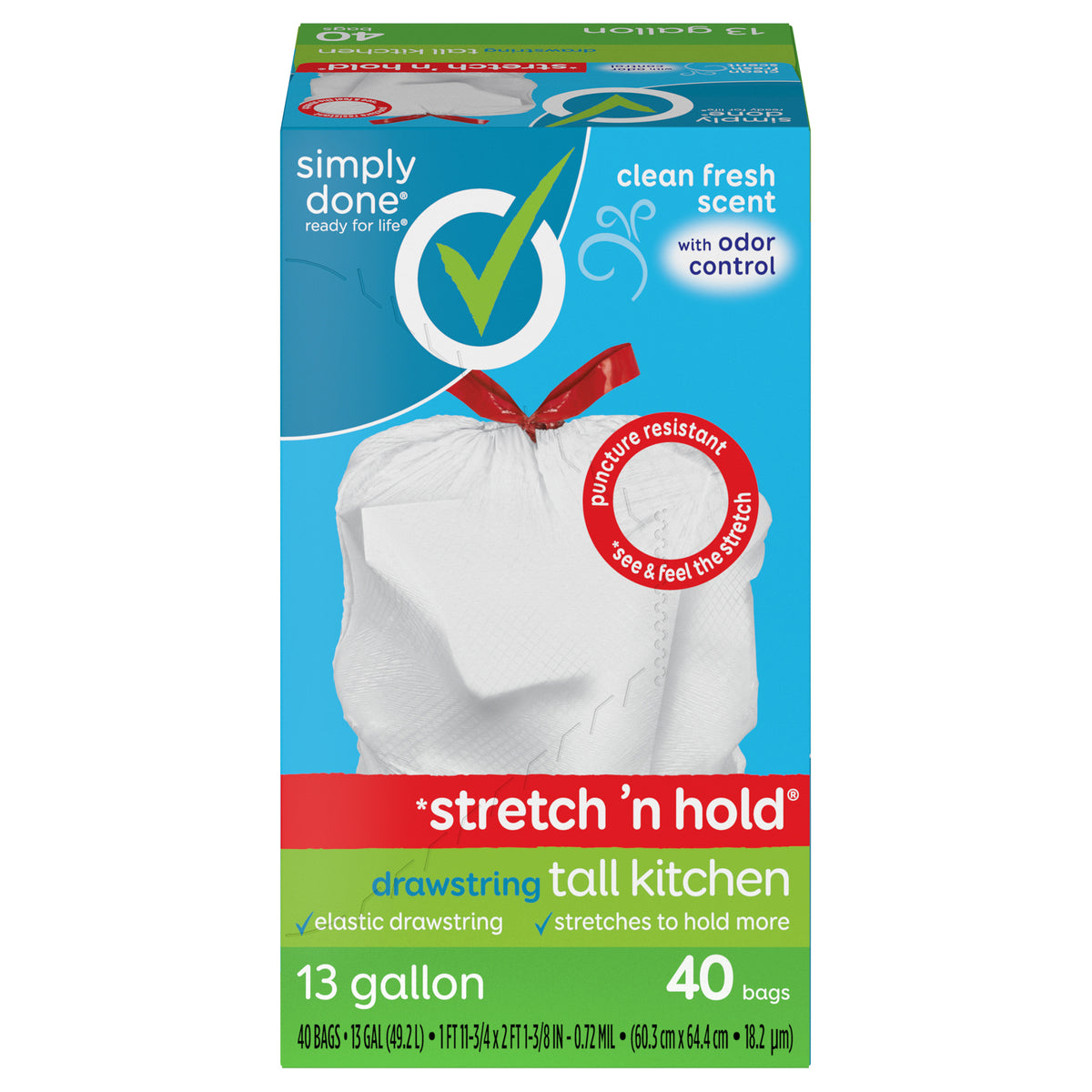 Simply Done Drawstring Clean Fresh Scent Tall Kitchen Bags 13 Gallon 40 ea