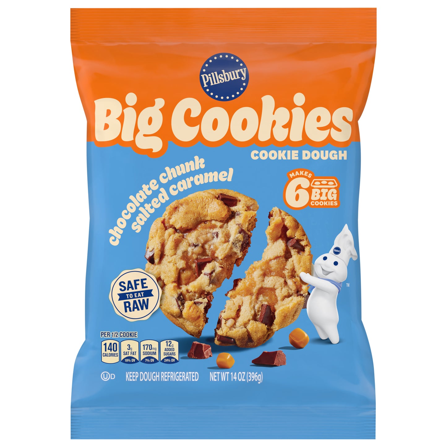 Pillsbury Ready to Bake! Big Cookies Chocolate Chunk Salted Caramel Cookie Dough, 6 Count, 14 oz