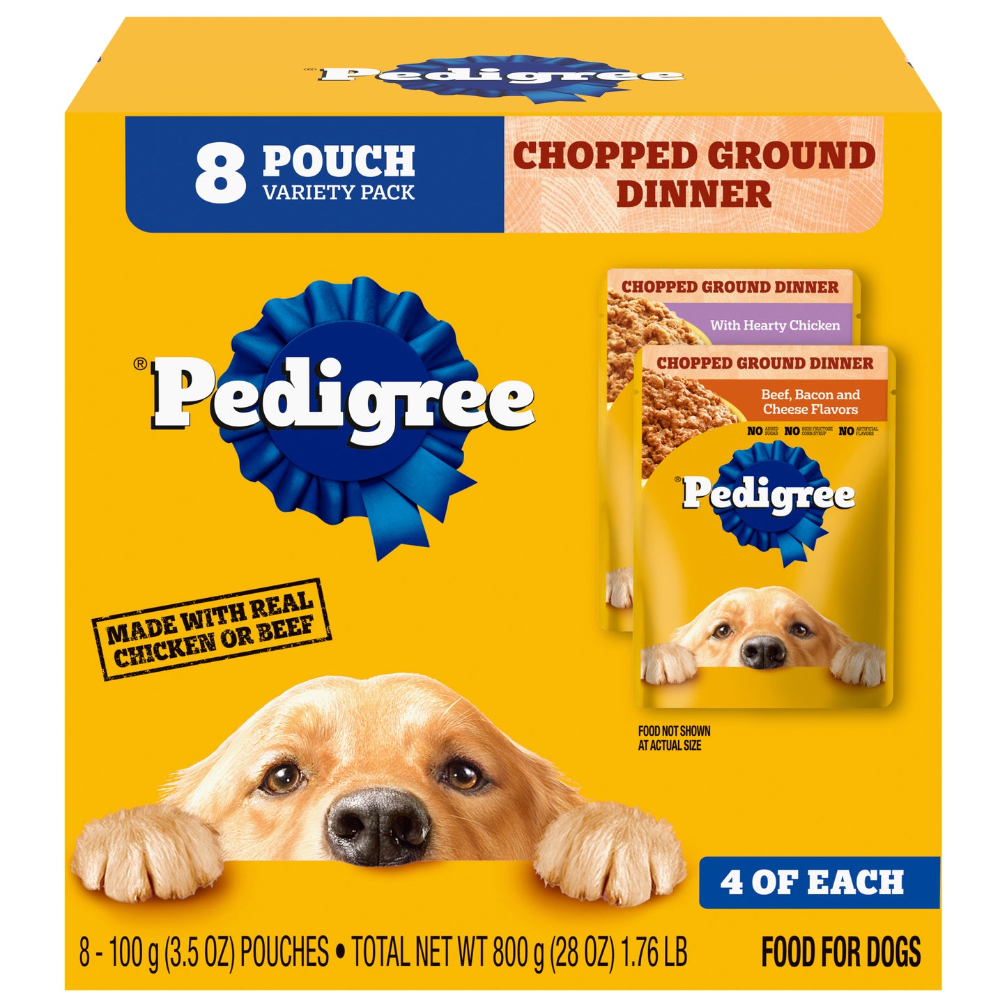 Pedigree Chopped Ground Dinner Hearty Chicken/Beef, Bacon and Cheese Flavors Dog Food Variety Pack 8 - 3.5 oz Pouches