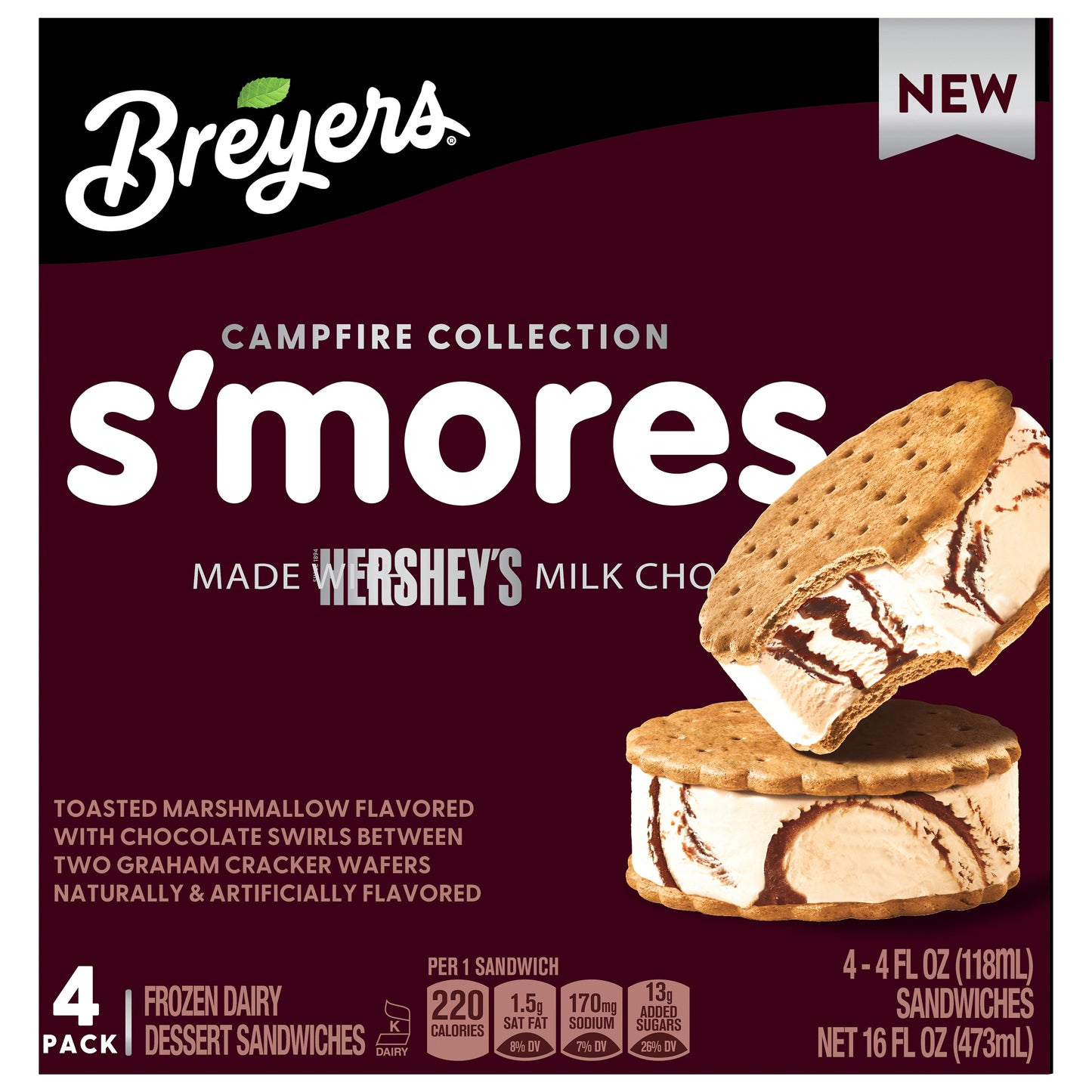 Breyers Frozen Dairy Dessert Sandwich S'mores Sandwich 16 fl oz