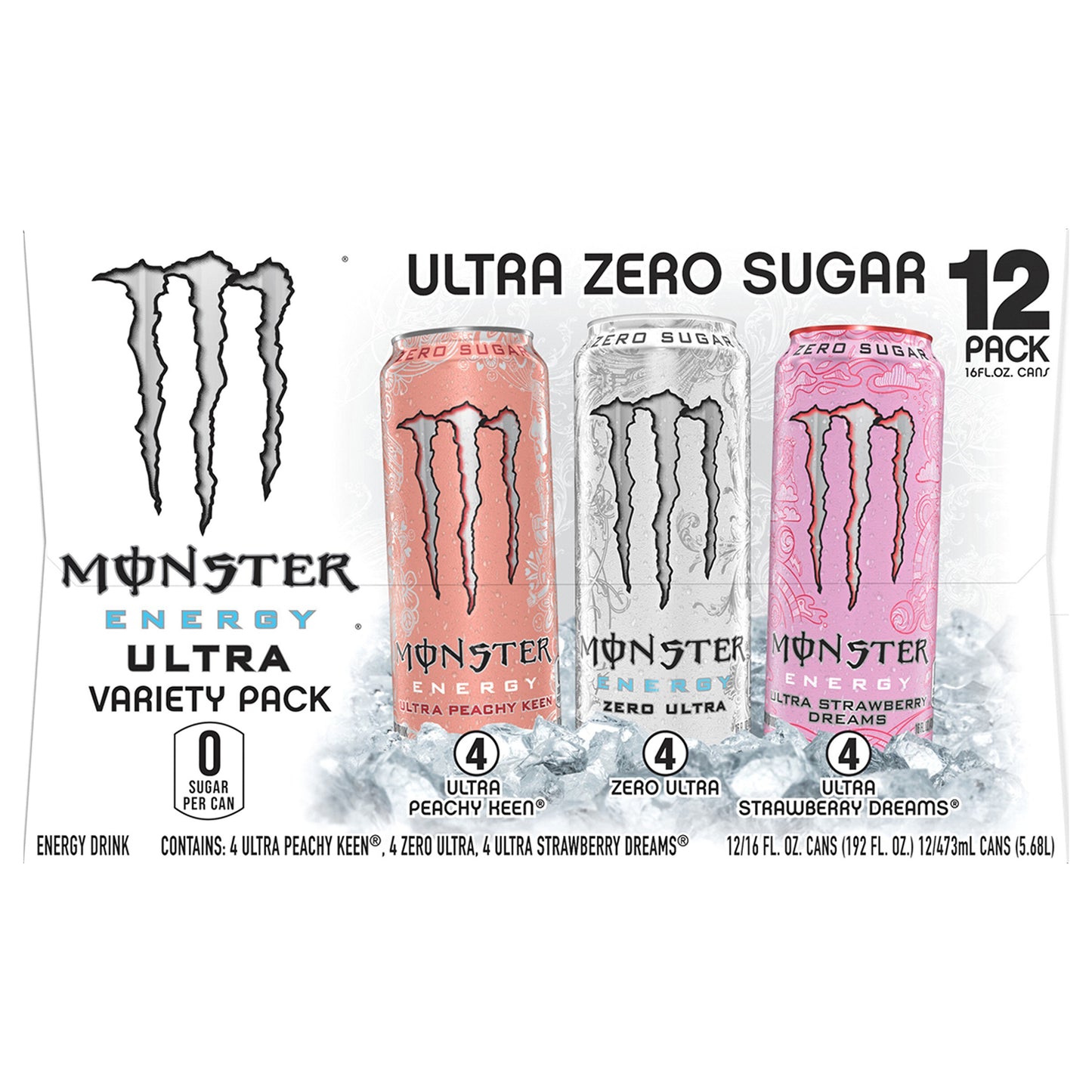 Monster Zero Sugar Ultra Peachy Keen/Zero Ultra/Ultra Strawberry Dreams Energy Drink 12 - 16 fl oz Cans