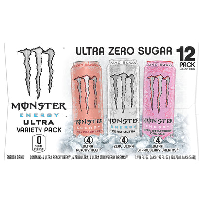 Monster Zero Sugar Ultra Peachy Keen/Zero Ultra/Ultra Strawberry Dreams Energy Drink 12 - 16 fl oz Cans