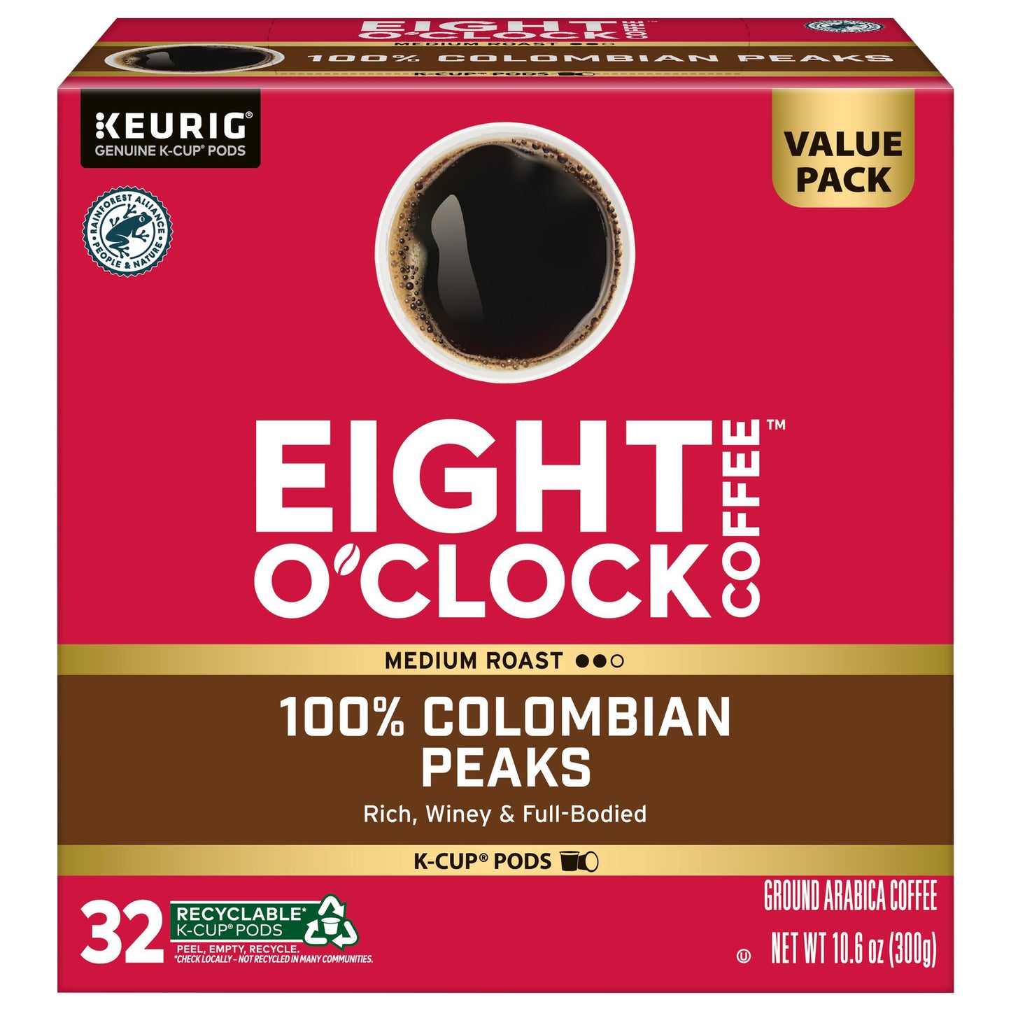 Eight O'Clock Coffee Medium Roast 100% Colombian Peaks Coffee Value Pack 32 - 0.33 oz K-Cup Pods