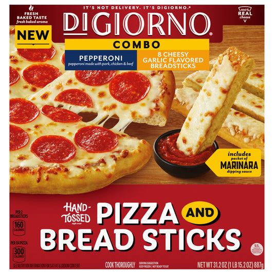 DiGiorno® Frozen Pizza and Bread Sticks Combo, Pepperoni Pizza Hand-Tossed Style Crust, 8 Cheesy Garlic Flavored Bread Sticks, 31.2oz (Frozen)