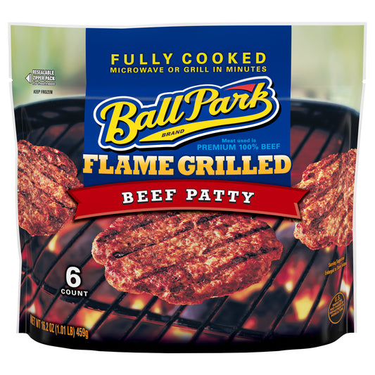 Ball Park Fully-Cooked Flame Grilled Original Beef Patties, Frozen, Resealable Package, 6 Count