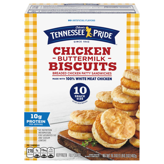 Odom’s Tennessee Pride Chicken & Buttermilk Biscuits, Snack Size Frozen Breakfast Sandwiches, 10 Count