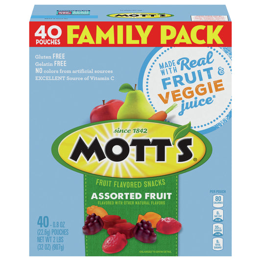 Mott's Fruit Flavored Snacks, Assorted Fruit, Pouches, 0.8 oz, 40 ct