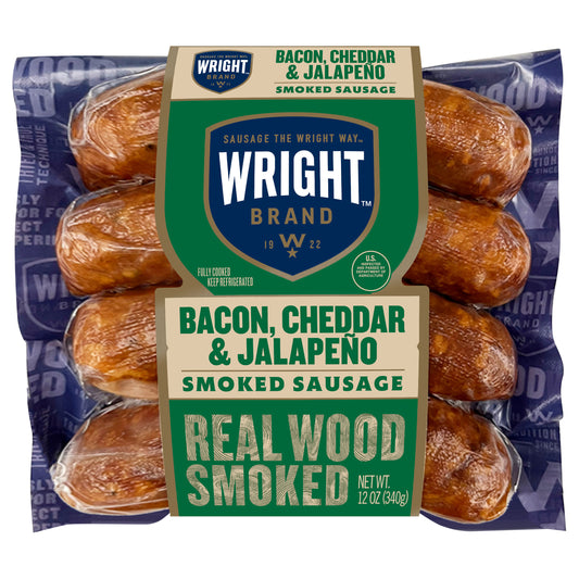 Wright Brand Real Wood Smoked Bacon, Cheddar & Jalapeño Smoked Sausage, 4 ct
