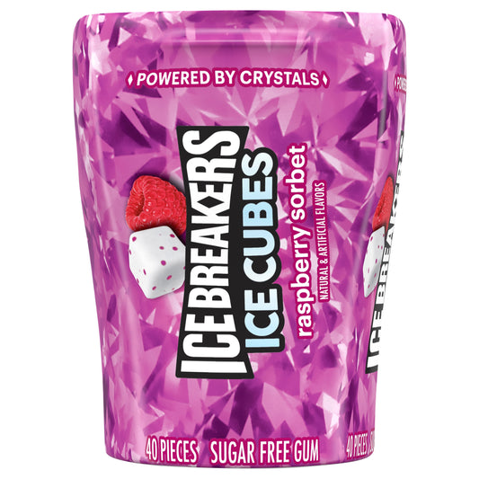ICE BREAKERS Ice Cubes Raspberry Sorbet Sugar Free Chewing Gum Bottle, 3.24 oz (40 Pieces)