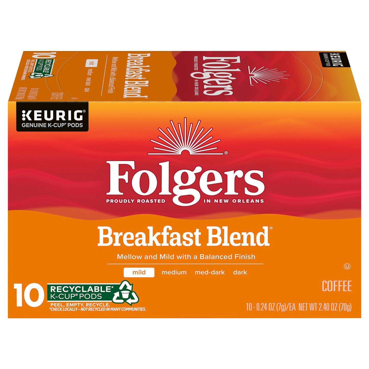 Folgers Breakfast Blend Coffee, Mild Roast, Keurig K-Cup Pods, 10 Count